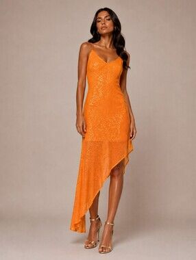 Rotate Orange Kanelios Sequin Asymmetric Maxi Dress Size 10